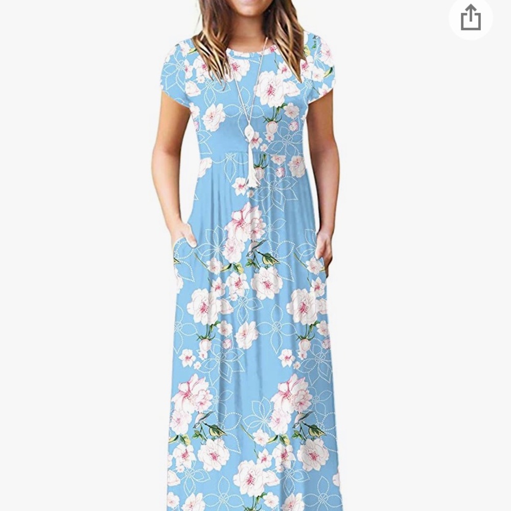 Viishow Blue Floral Short Sleeve Soft Maxi Dress with Pockets Flowers
